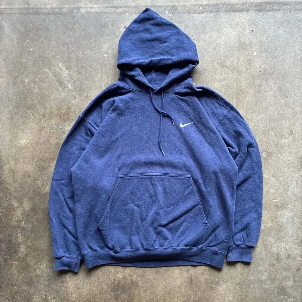 Vintage 90s Nike Blue Embroidered Mini Swoosh Hoodie Made in USA